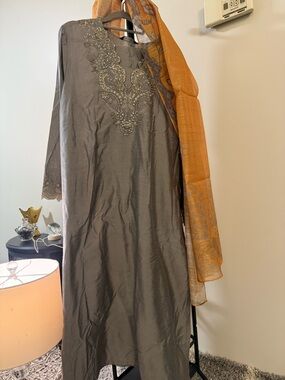 Gray Embroidered Women's Dress with Gold Accent